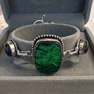 Green and Blue Triplet Opal Sterling Silver Overlay Bracelet